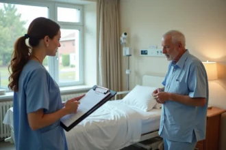 Ergothérapeute évaluant les activités de la vie quotidienne d'un patient âgé en milieu de rééducation hospitalière