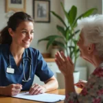 Professionnelle de santé évaluant l'autonomie d'une personne âgée à domicile avec la grille AGGIR