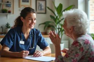 Professionnelle de santé évaluant l'autonomie d'une personne âgée à domicile avec la grille AGGIR