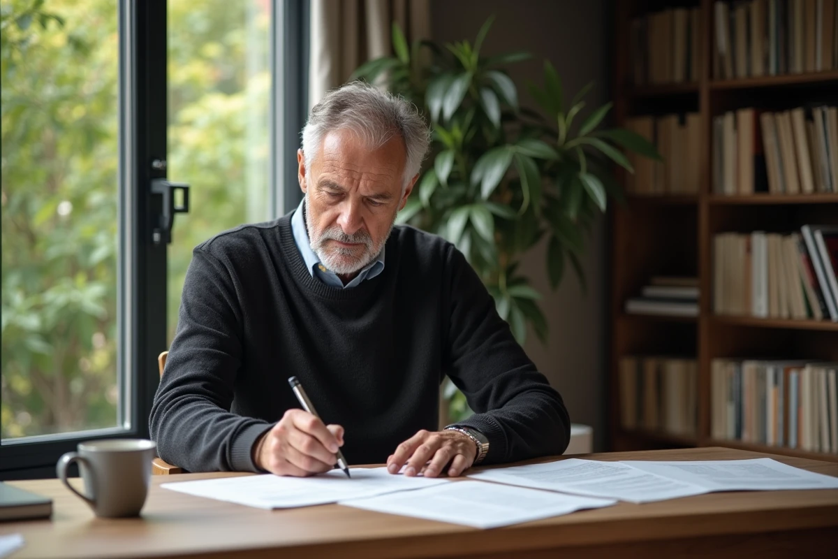 Expert senior en consulting travaillant seul dans son bureau à domicile, annotant des rapports stratégiques avec concentration