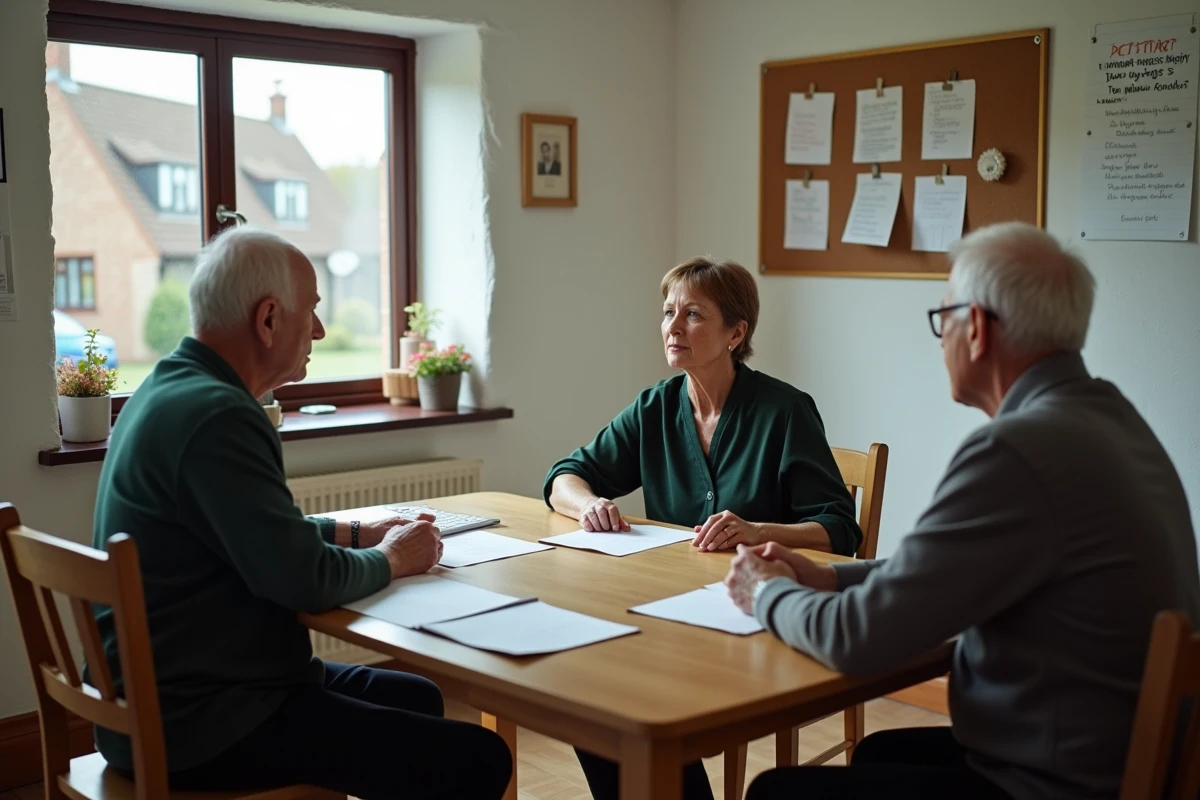 Famille discutant des alternatives aux grands EHPAD pour un proche atteint de démence en milieu rural
