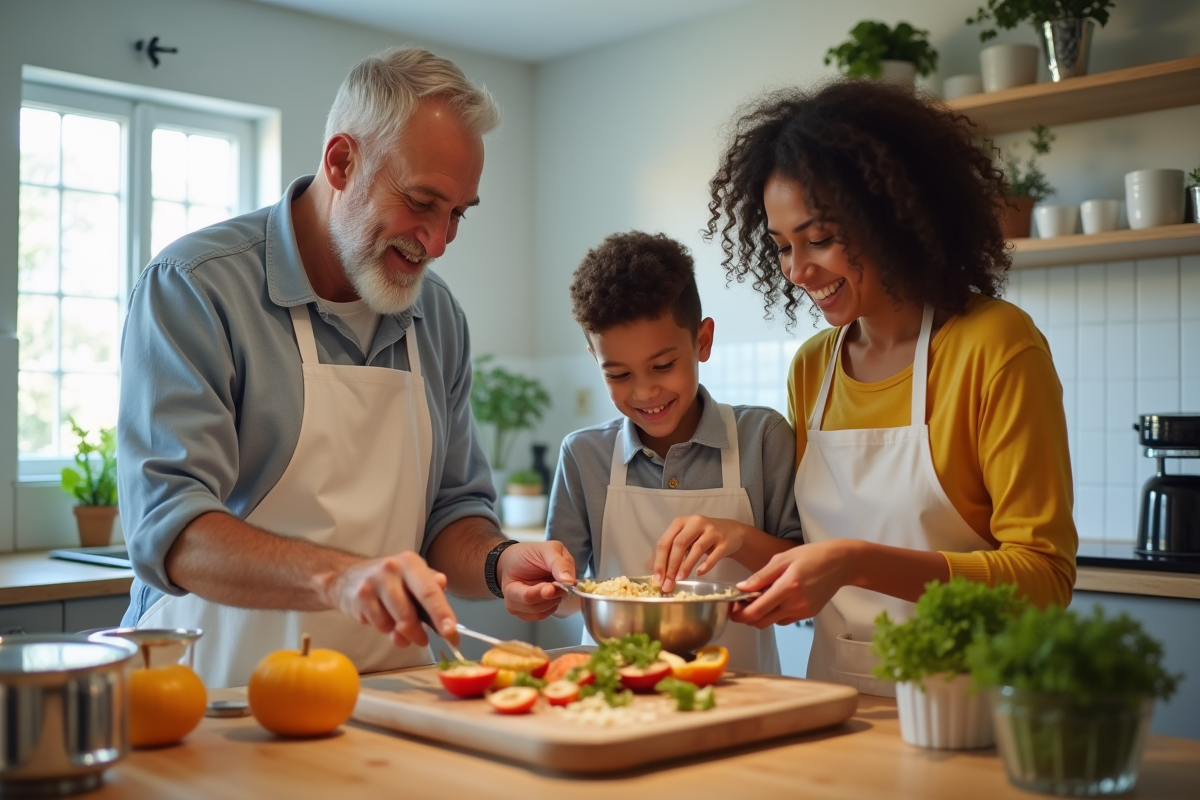 Une famille de trois générations cuisine ensemble dans une cuisine lumineuse