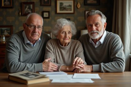 Famille âgée et enfants autour de documents légaux