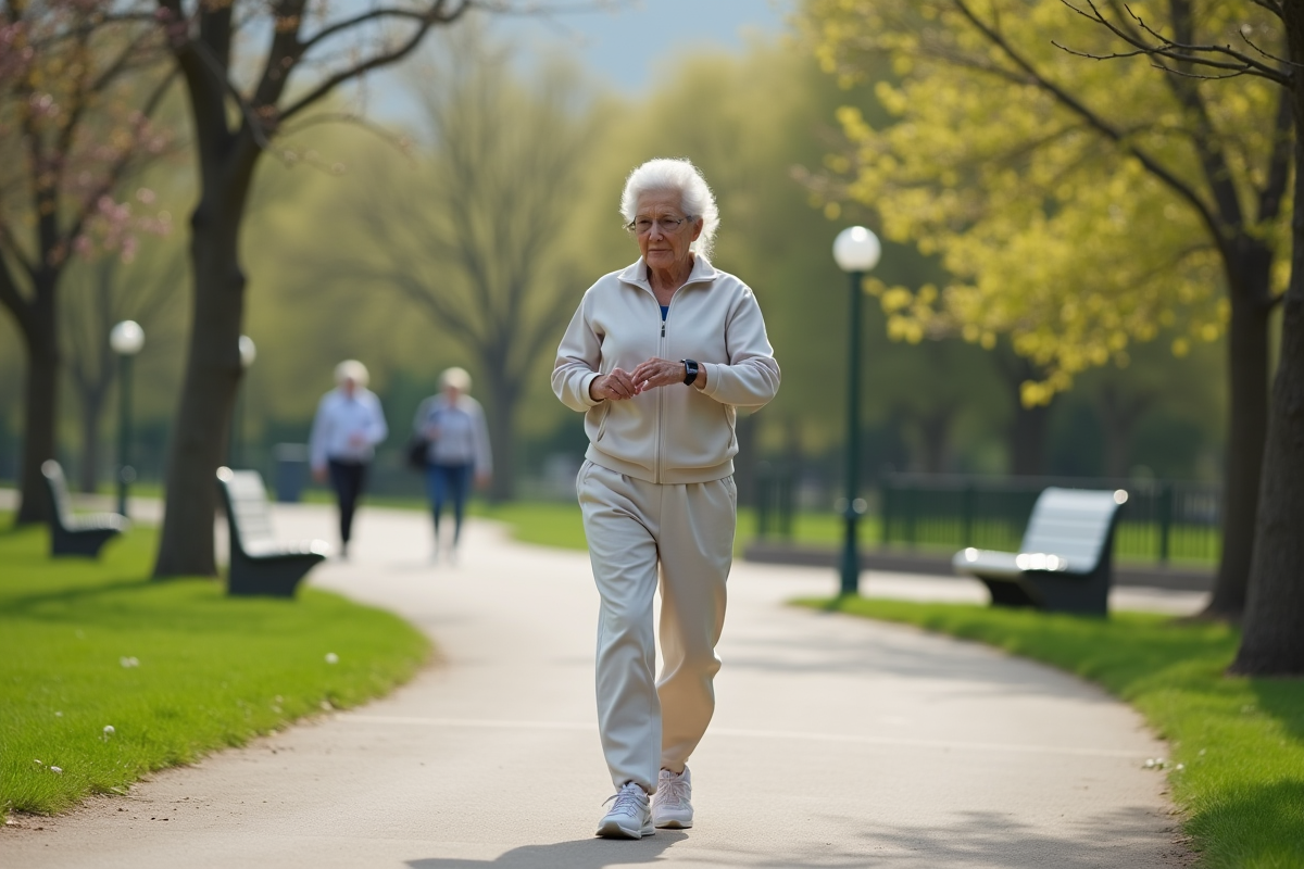 Femme active de 70 ans marchant dans un parc urbain