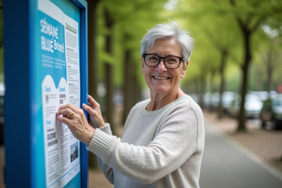 Femme pinçant une affiche pour la Semaine Bleue dans un parc