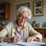 Femme âgée écrivant sur un formulaire dans la cuisine chaleureuse