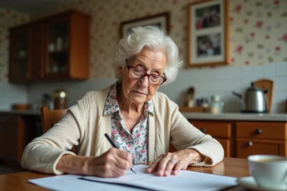 Femme âgée écrivant sur un formulaire dans la cuisine chaleureuse