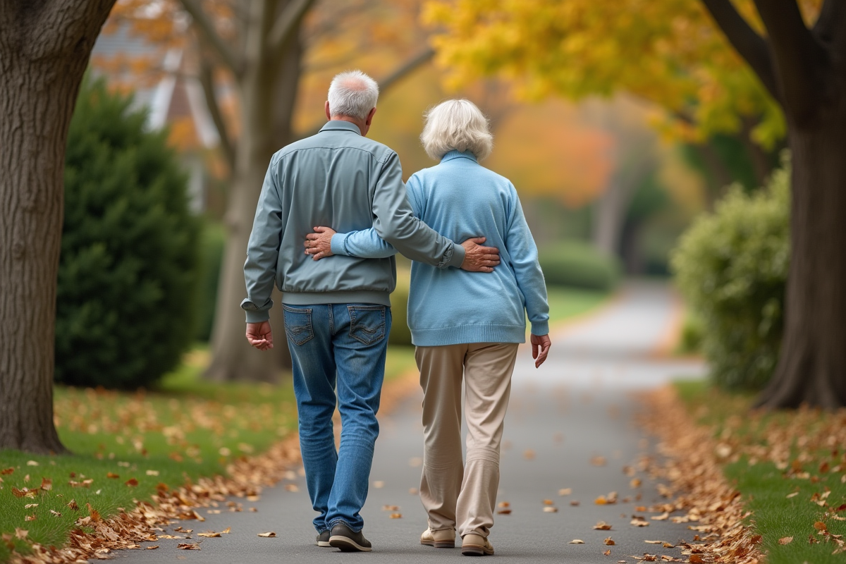 Femme agee se promenant avec son fils dans un quartier résidentiel