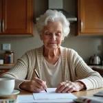 Femme agee remplissant une checklist dans la cuisine chaleureuse