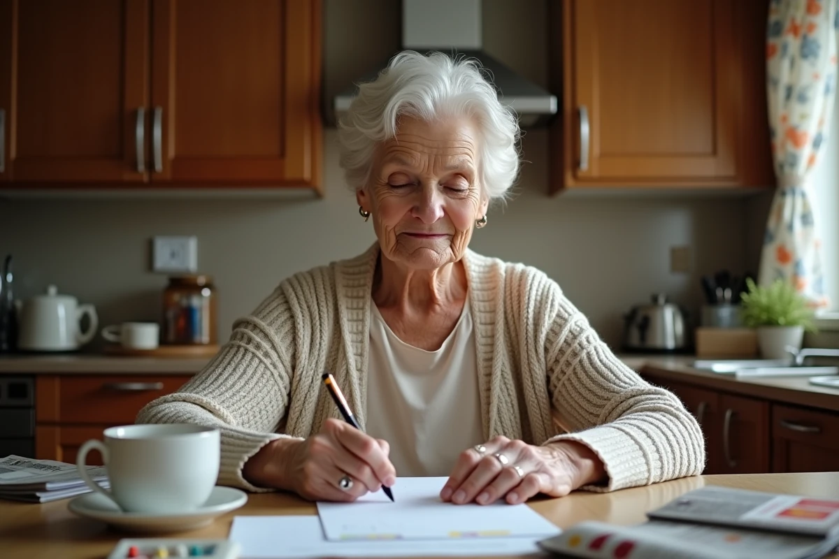 Femme agee remplissant une checklist dans la cuisine chaleureuse