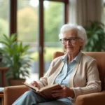 Femme âgée assise dans un fauteuil confortable dans une maison de retraite moderne, illustrant le placement en établissement senior