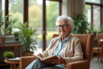 Femme âgée assise dans un fauteuil confortable dans une maison de retraite moderne, illustrant le placement en établissement senior