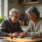 Femme agee aidée par sa fille pour organiser ses médicaments
