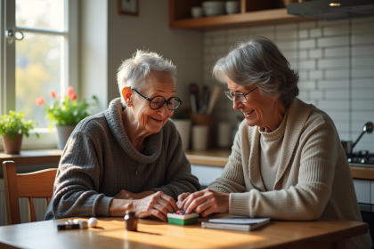 Femme agee aidée par sa fille pour organiser ses médicaments