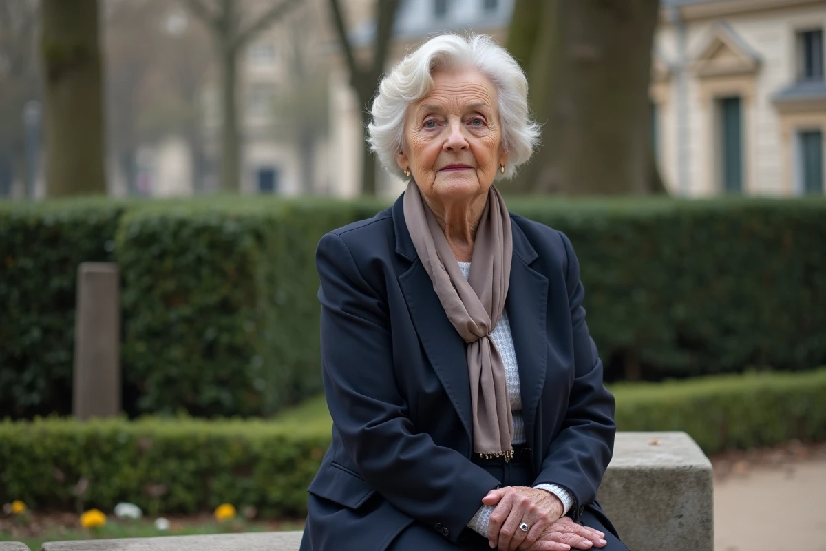 Femme âgée élégante dans un parc parisien calme