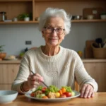 Femme agee préparant un repas équilibré dans la cuisine