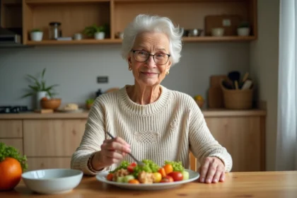 Femme agee préparant un repas équilibré dans la cuisine