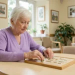 Femme âgée jouant au Scrabble lors d'un atelier mémoire en EHPAD