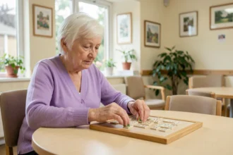 Femme âgée jouant au Scrabble lors d'un atelier mémoire en EHPAD