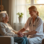 Femme agee souriante avec infirmiere dans un salon lumineux