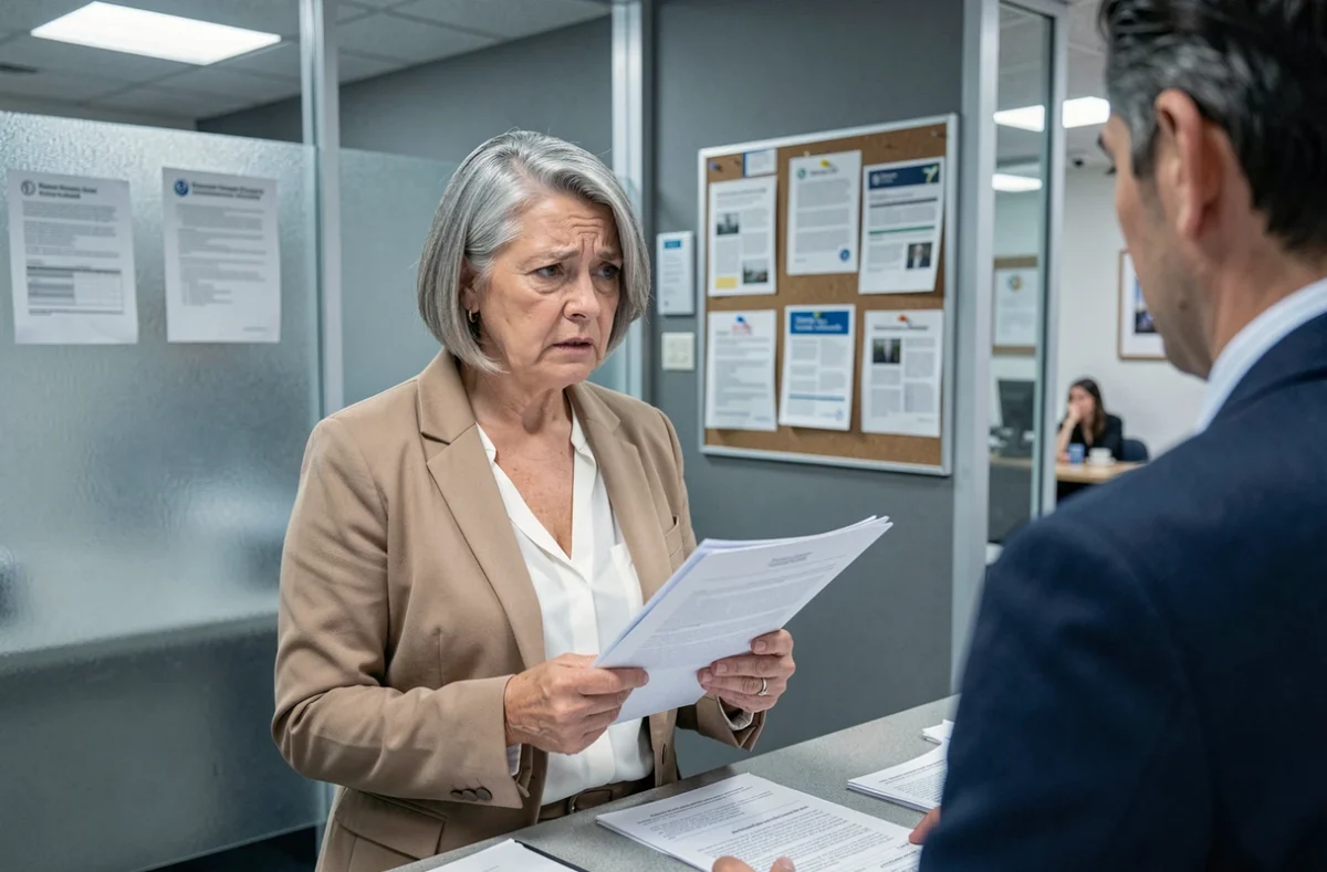 Femme d'âge mûr discutant de sa retraite et de ses droits au chômage dans une agence pour l'emploi
