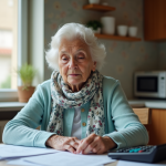 Femme âgée en cuisine examinant des documents
