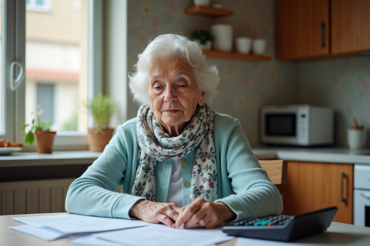 Femme âgée en cuisine examinant des documents