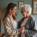Femme aidant sa mère âgée dans un salon chaleureux