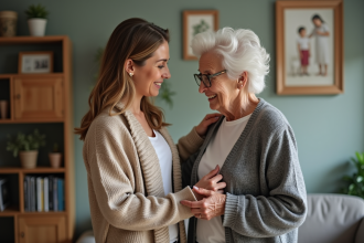 Femme aidant sa mère âgée dans un salon chaleureux