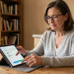 Femme d'âge moyen utilisant l'application Mon Proxima sur une tablette pour suivre une curatelle depuis son domicile