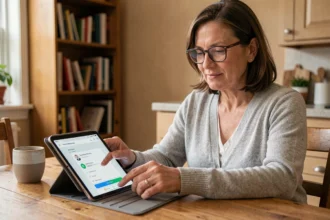 Femme d'âge moyen utilisant l'application Mon Proxima sur une tablette pour suivre une curatelle depuis son domicile