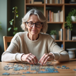 Femme concentrée assemble un puzzle dans un salon lumineux