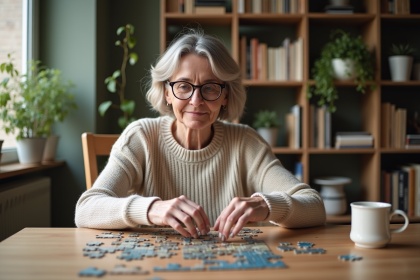 Femme concentrée assemble un puzzle dans un salon lumineux