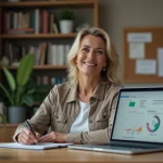 Femme d'âge moyen travaillant sur un ordinateur dans un bureau à domicile