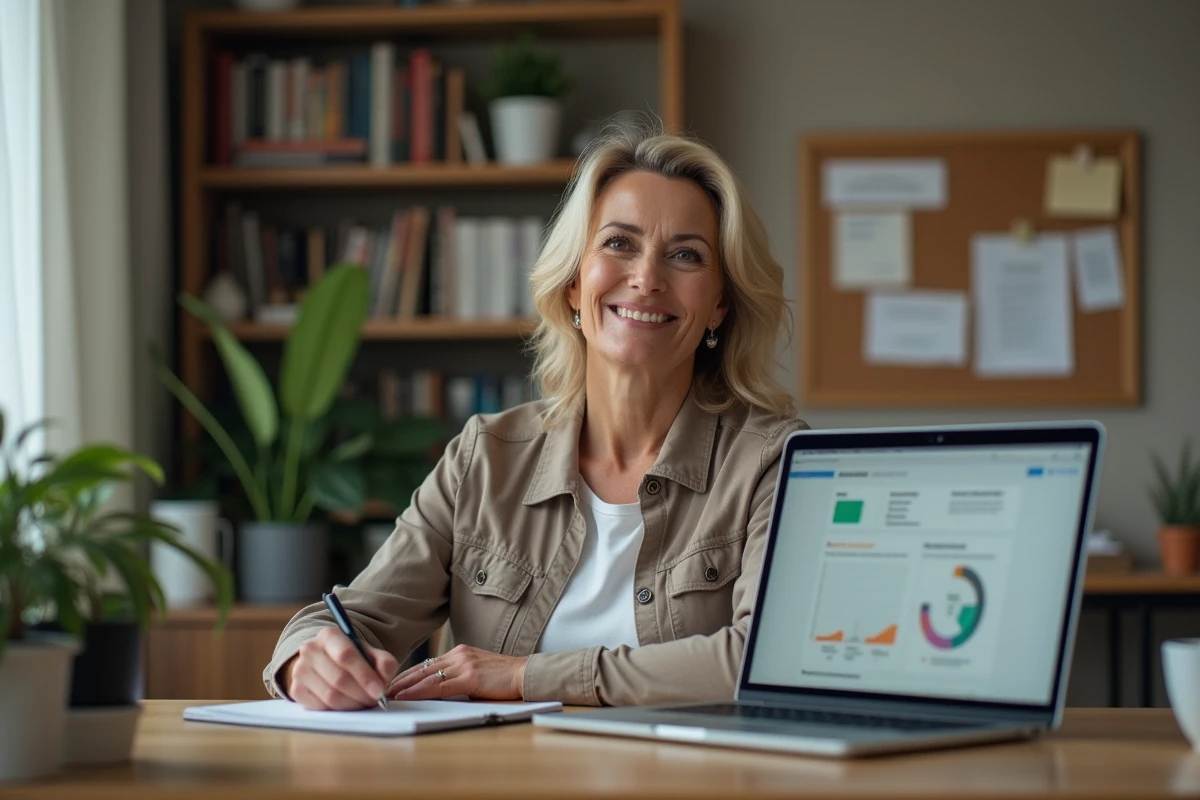 Femme d'âge moyen travaillant sur un ordinateur dans un bureau à domicile