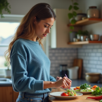 Jeune femme préparant un repas équilibré dans la cuisine