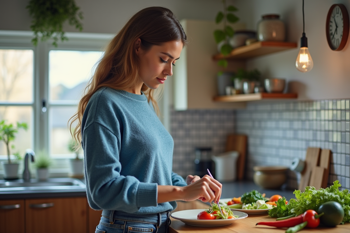 Jeune femme préparant un repas équilibré dans la cuisine