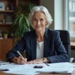Femme cadre en fin de carrière signant son solde de tout compte avant un départ à la retraite dans un bureau professionnel