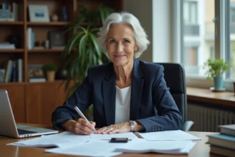 Femme cadre en fin de carrière signant son solde de tout compte avant un départ à la retraite dans un bureau professionnel
