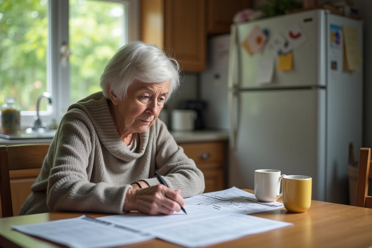 Femme âgée examinant une fiche à la maison