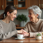 Femme âgée et fille partageant un thé dans la cuisine