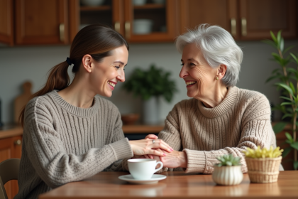 Femme âgée et fille partageant un thé dans la cuisine