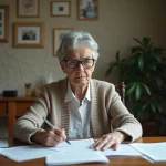 Femme âgée concentrée avec papiers sur la table