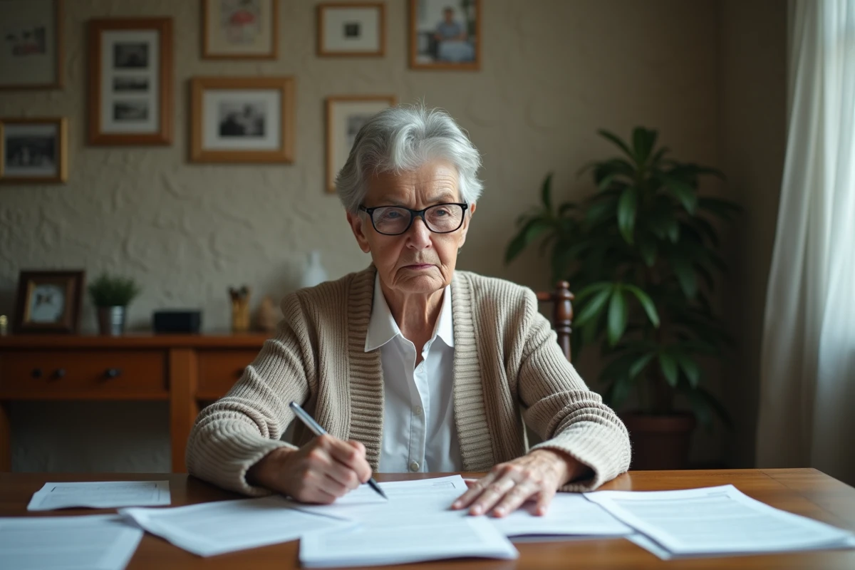 Femme âgée concentrée avec papiers sur la table