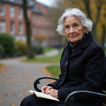 Femme belge âgée assise sur un banc dans un parc avec un dépliant funéraire