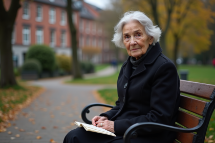 Femme belge âgée assise sur un banc dans un parc avec un dépliant funéraire