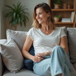 Femme ajustant un coussin lombaire ergonomique dans un salon