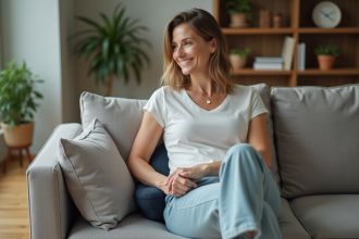 Femme ajustant un coussin lombaire ergonomique dans un salon
