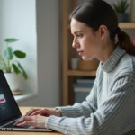 Femme concentrée face à un écran d'ordinateur affichant une erreur de connexion sur un portail en ligne