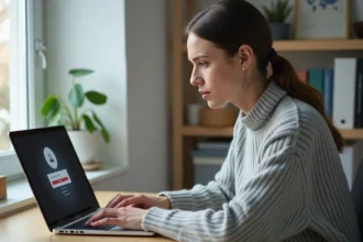Femme concentrée face à un écran d'ordinateur affichant une erreur de connexion sur un portail en ligne